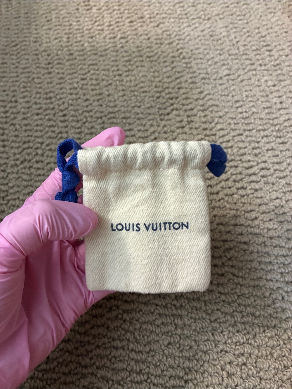 Louis Vuitton Cream Canvas Drawstring Pouch with Navy Accents